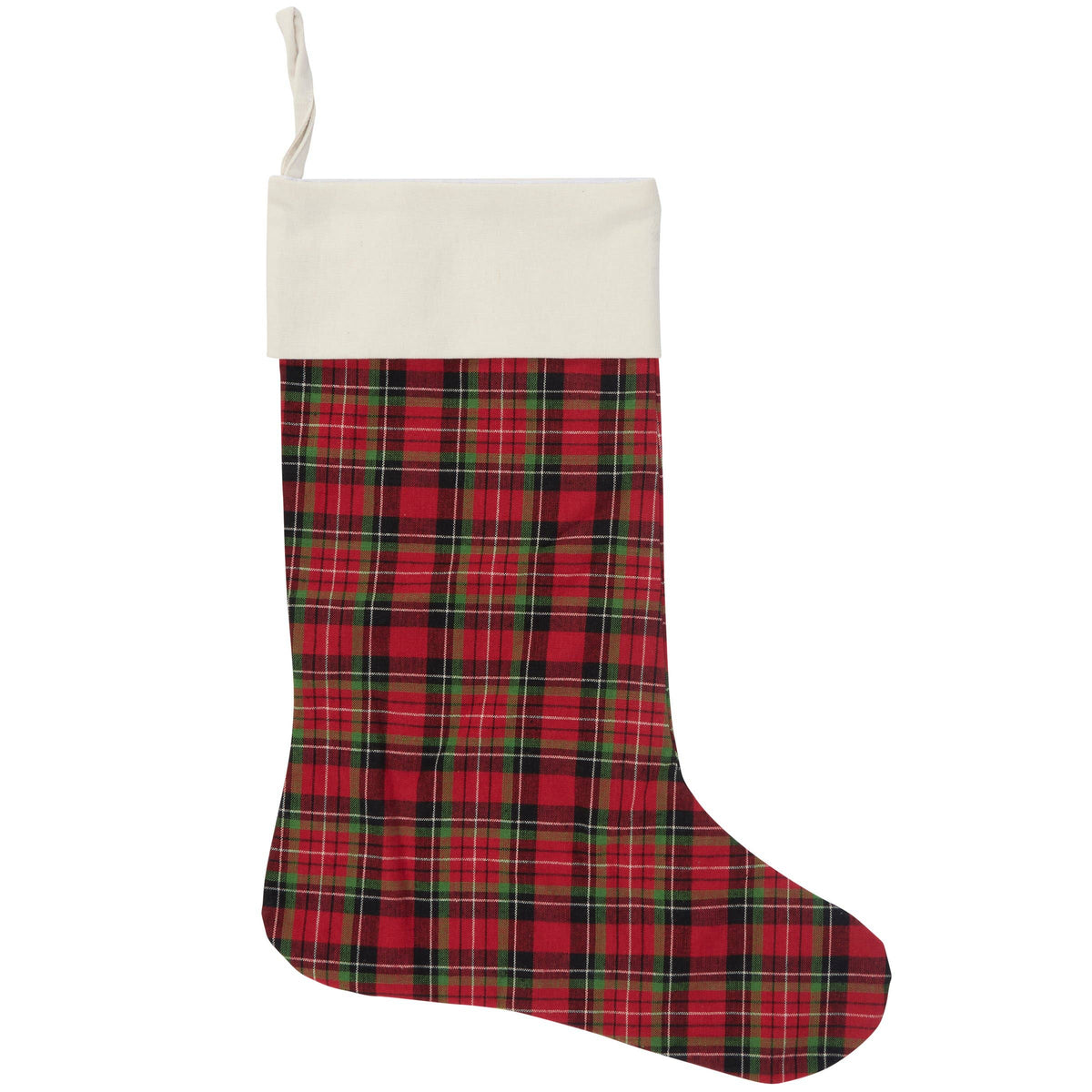 Red Green Plaid Cotton Christmas Stocking with Cream Cuff