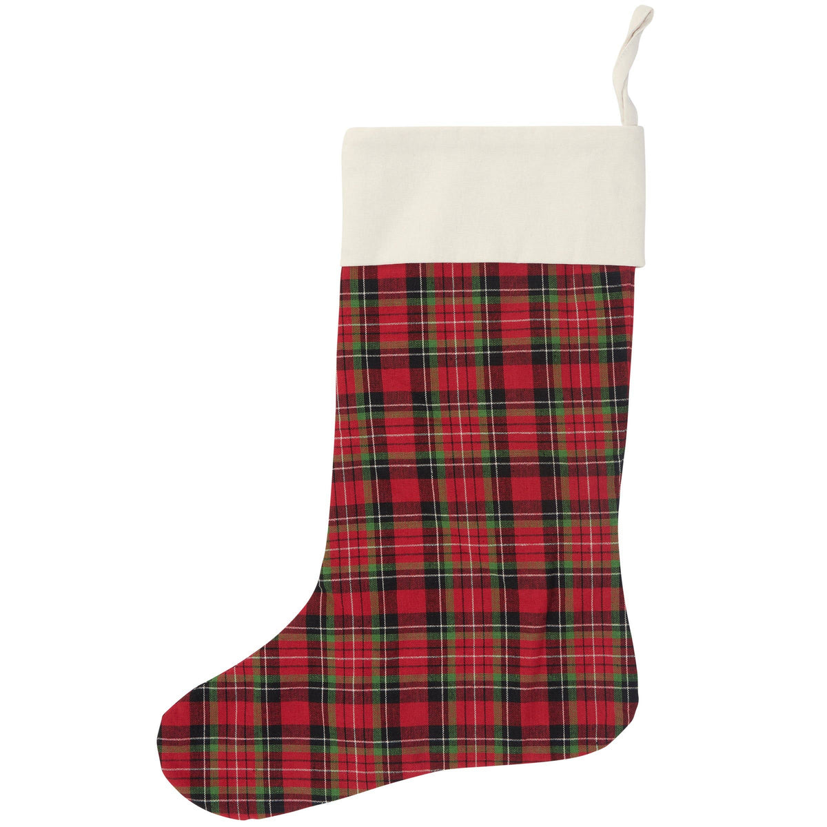 Red Green Plaid Cotton Christmas Stocking with Cream Cuff