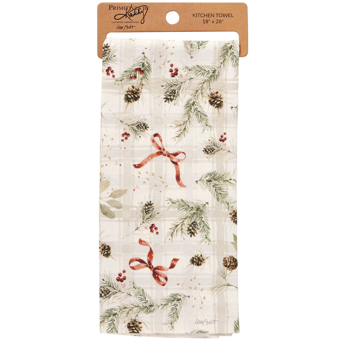Christmas Greenery Red Bow Cotton Kitchen Towel