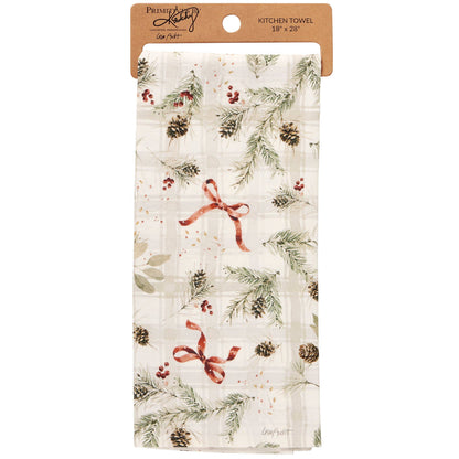 Christmas Greenery Red Bow Cotton Kitchen Towel