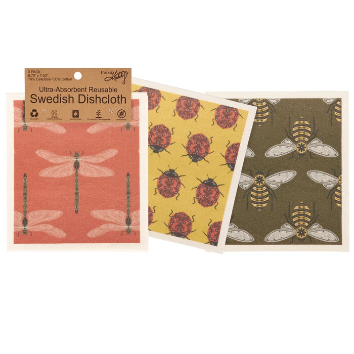 Garden Bug Swedish Dishcloth Set of 3 Bee Ladybug Dragonfly Reusable Cloths