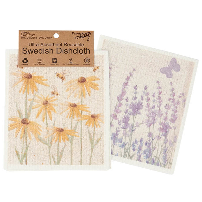 Breathe Swedish Dishcloth Set of 2 Daisy Bee Lavender Cottagecore Reusable Cloths