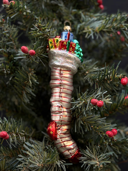 Vintage INGE-GLAS Germany Blown Glass Stocking Ornament 1990s Heart Crown Cap