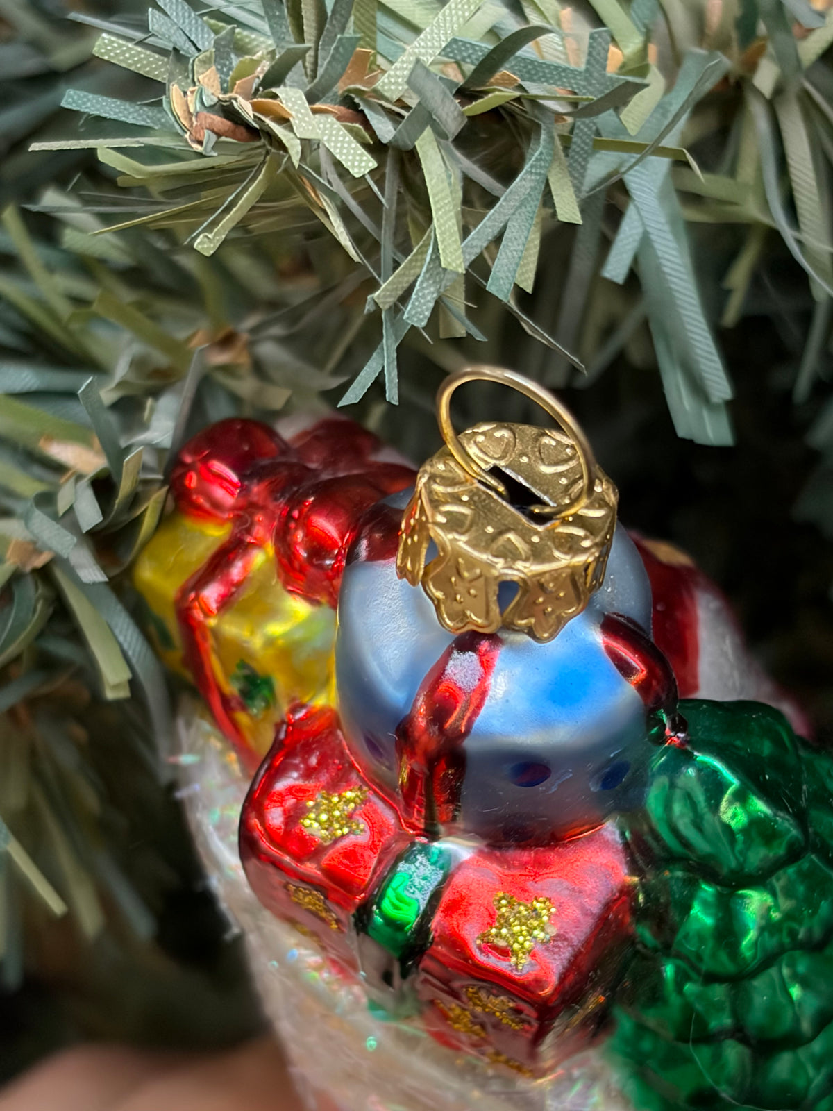 Vintage INGE-GLAS Germany Blown Glass Stocking Ornament 1990s Heart Crown Cap