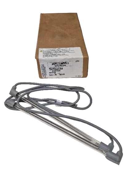 New Genuine OEM Maytag refrigerator quartz defrost heater element WP61001846 measuring 9-1/4 inches long.