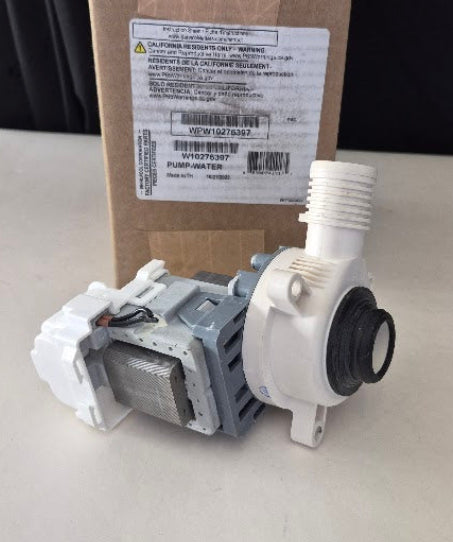 New Genuine OEM Whirlpool Maytag washer drain pump WPW10276397 in original packaging.