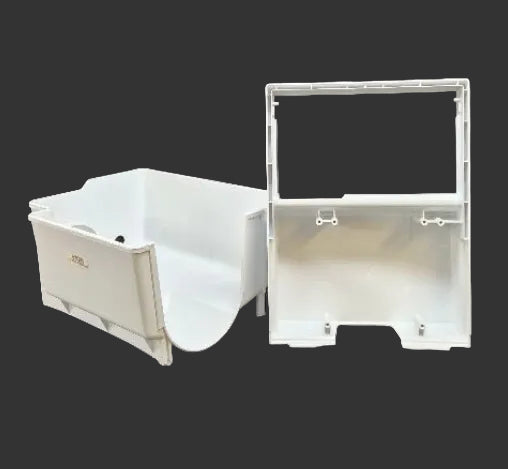 Used Genuine OEM GE WR30X257 refrigerator ice bin bucket with WR17X10339 front cover 2