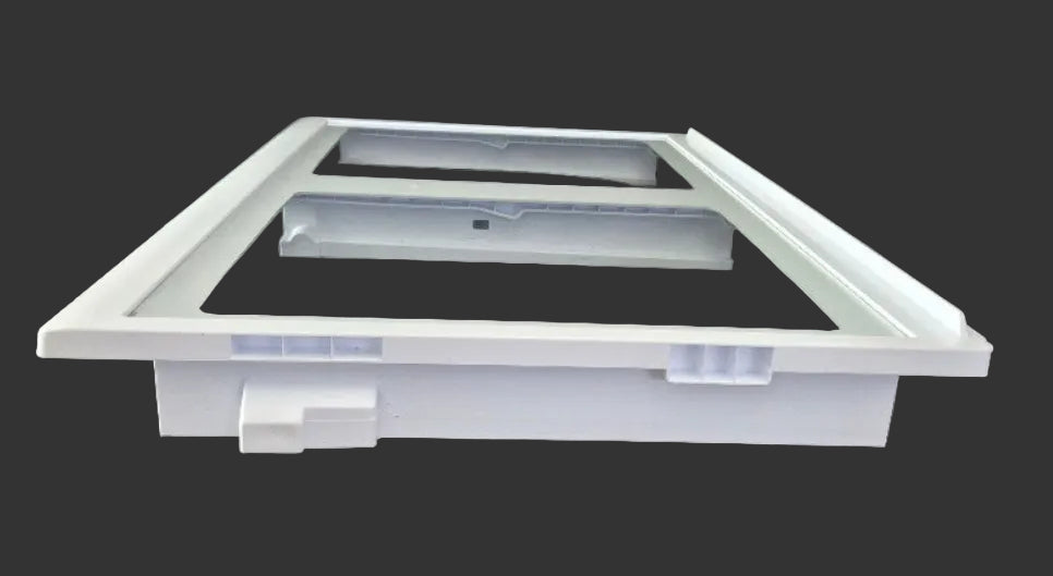 Used OEM Criterion refrigerator and freezer drawer pan glass cover frame 30114-0151400-00 for select Criterion and Midea models. side