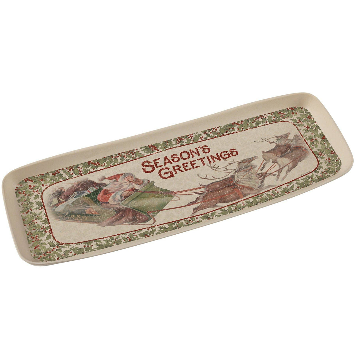 Season's Greetings Santa Reindeer Bamboo Christmas Tray