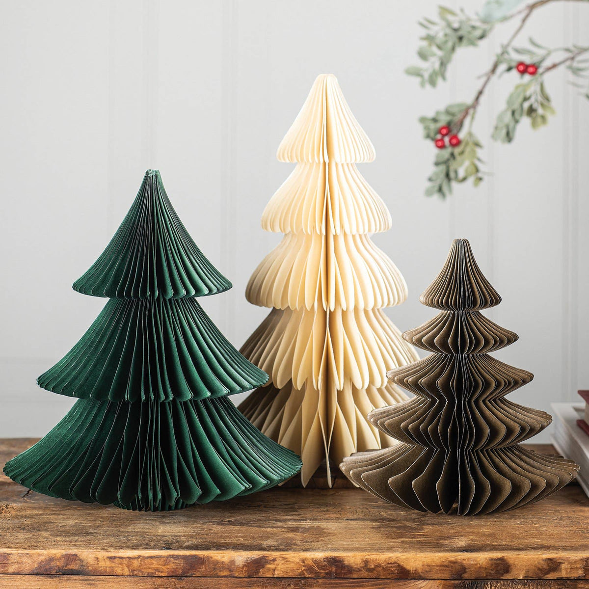 Accordion Paper Christmas Trees Set of 3 Brown Cream Green
