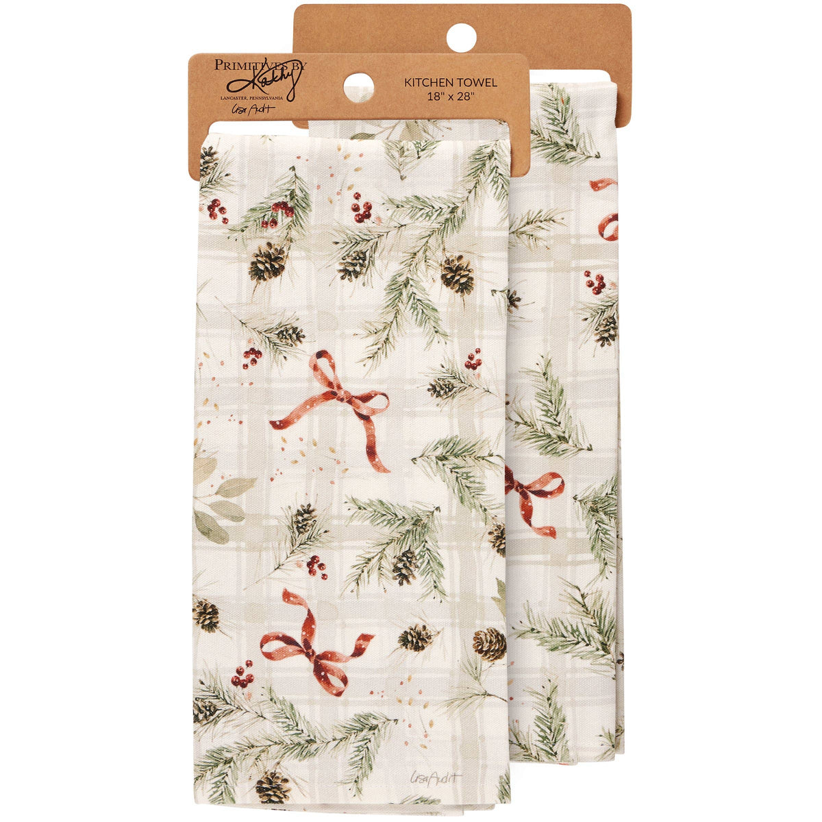 Christmas Greenery Red Bow Cotton Kitchen Towel