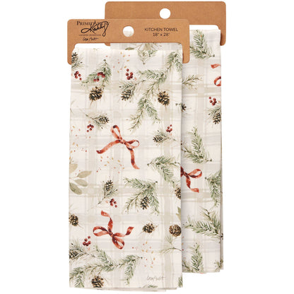 Christmas Greenery Red Bow Cotton Kitchen Towel