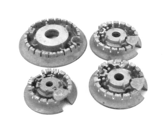 Used OEM Frigidaire gas range burner head set including two medium burner heads 316212400, one large burner head 316212300, and one small burner head 316206401.