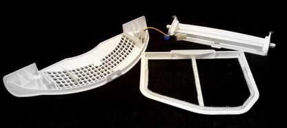 Used OEM Whirlpool dryer lint screen grill pack including lint screen housing, grill, flipper door, lint screen, wire harness, and moisture sensor bars. back